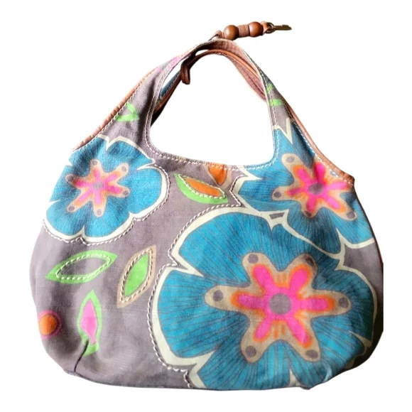 Fossil Floral Embroidered Leather Trim and Fabric Summer Women's Tote Bag - Picture 4 of 8